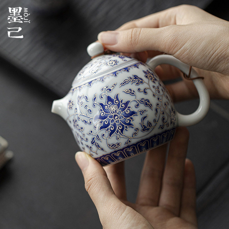 墨己银纹青花连理枝龙旦壶功夫茶具球孔过滤陶瓷家用泡茶壶小容量