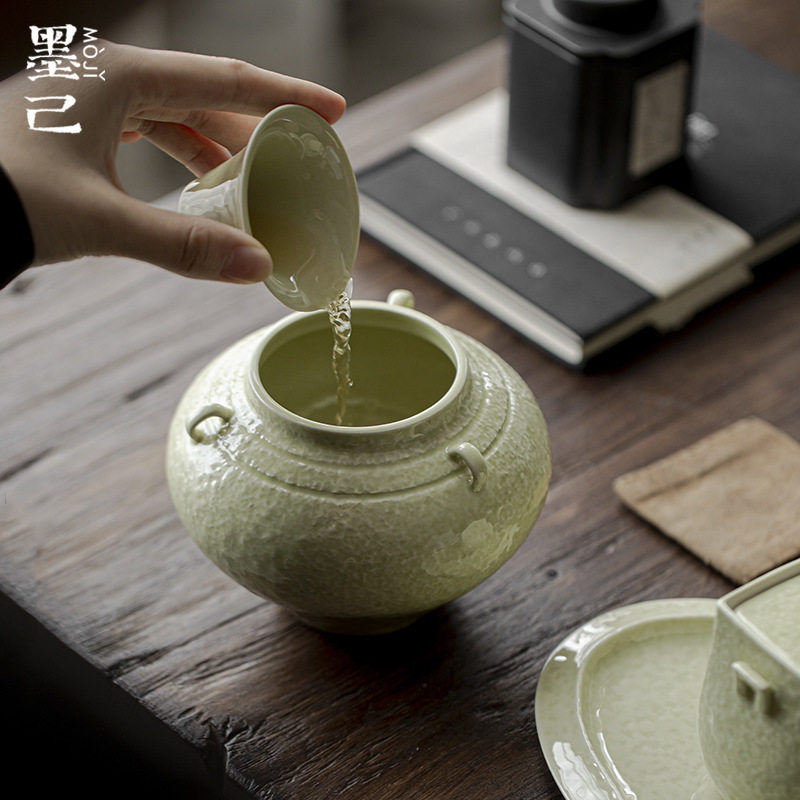 墨己仿宋绿釉三耳罐形建水功夫茶具陶瓷废水缸水盂茶道配件花缸