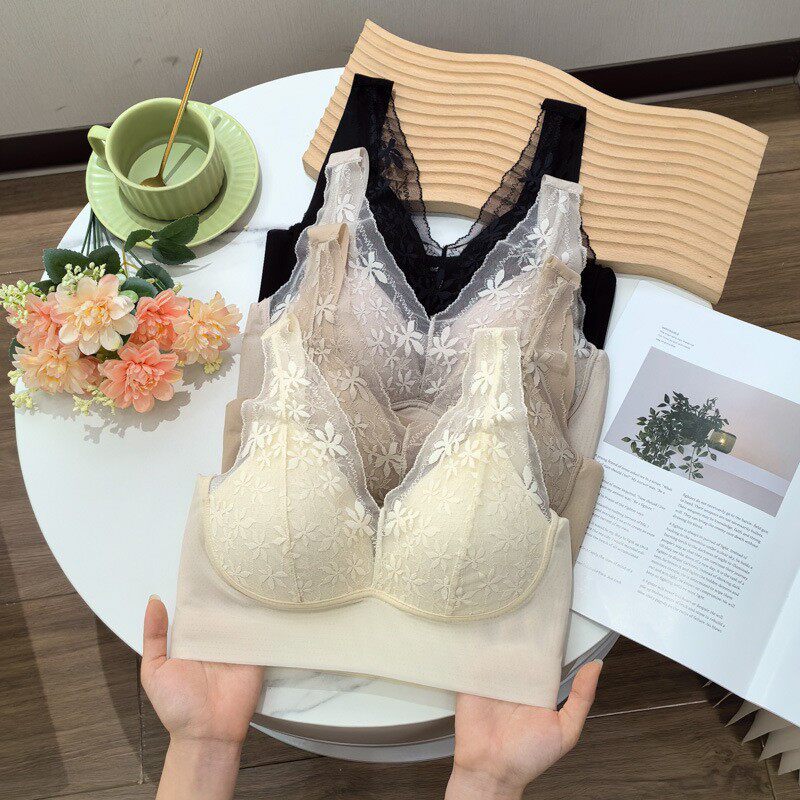 法式薄款美背内衣女冰丝吊带抹胸性感蕾丝u型美背固定杯裹胸