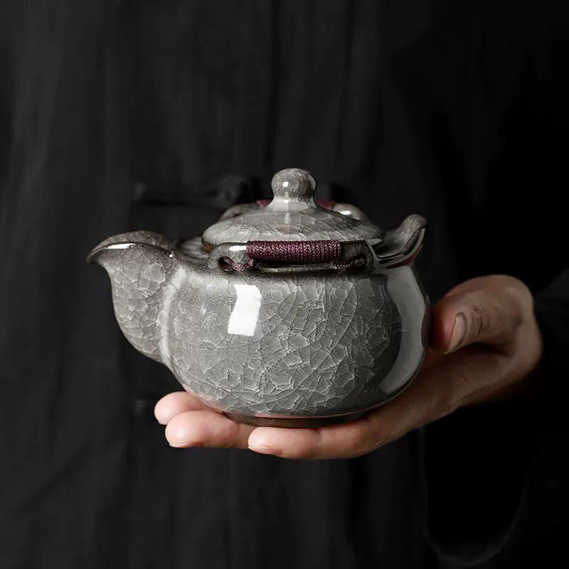 黑冰花茶壶开片陶瓷单个壶冰裂纹手工功夫茶具套装喝茶泡茶手抓壶
