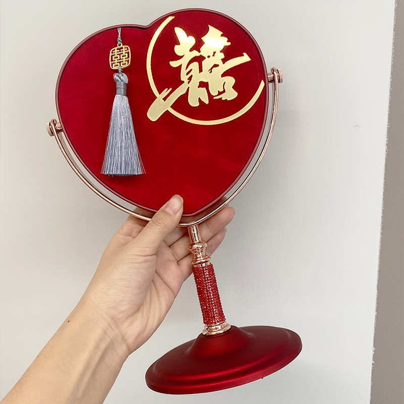 结婚红色镜子婚庆台式喜镜圆形立柱喜字镜子新娘用品大中式
