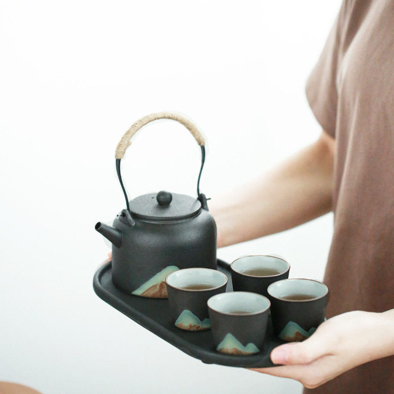 远山日式黑陶干泡盘 复古小号陶瓷茶具茶台手绘禅意壶承茶托盘