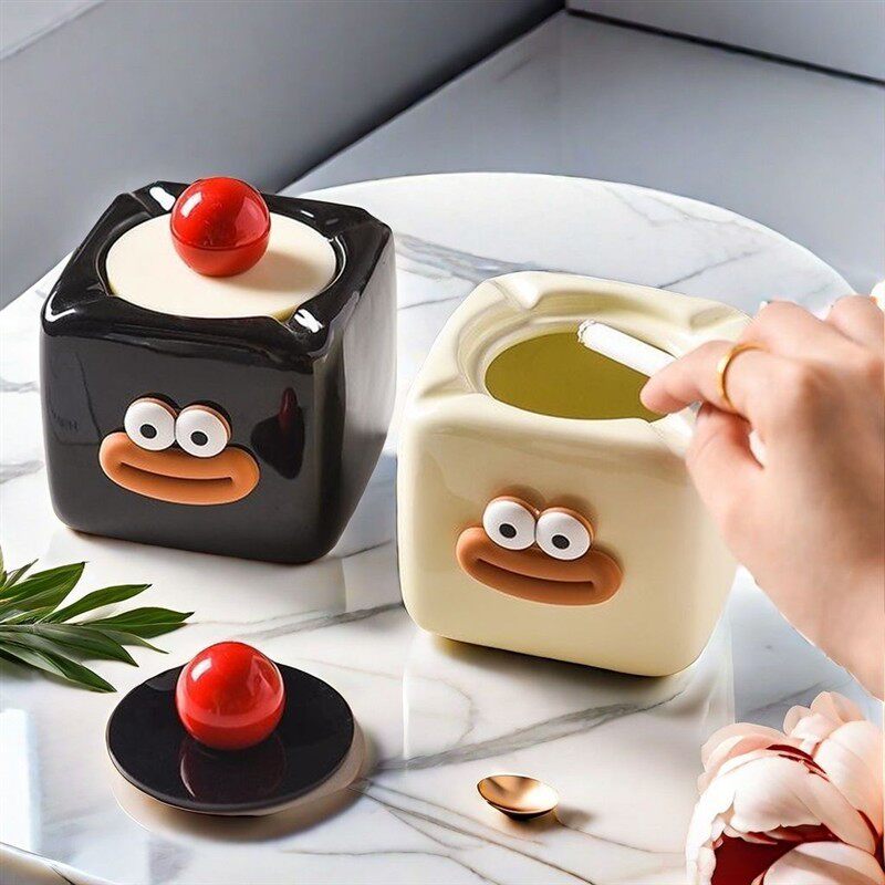 高颜值可爱烟灰缸家用烟缸装饰个性客厅陶瓷创意摆件带盖高级防飞
