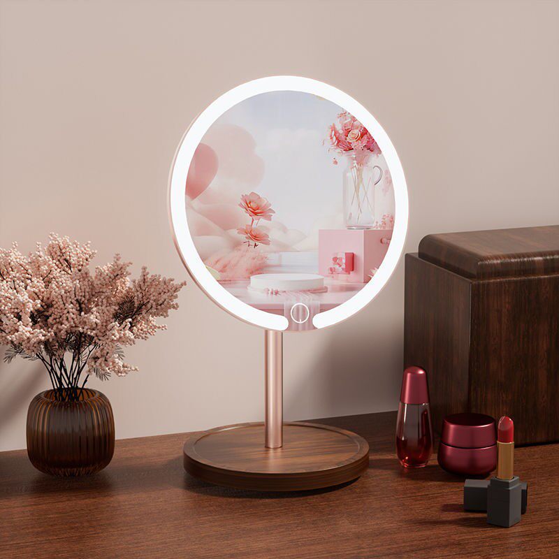 led灯化妆镜子木桌面梳妆镜带灯镜学生补光镜质新款充电镜子