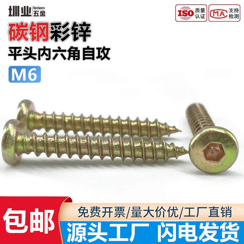 热销彩锌家具平头内六角自攻螺丝钉木牙螺丝柜门组装配件M6*40mm5