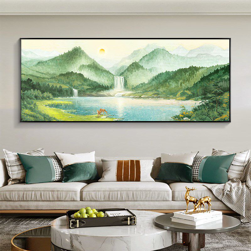 热销聚宝盆客厅装饰画纯手绘油画沙发背景墙聚财挂画西墙山水风景