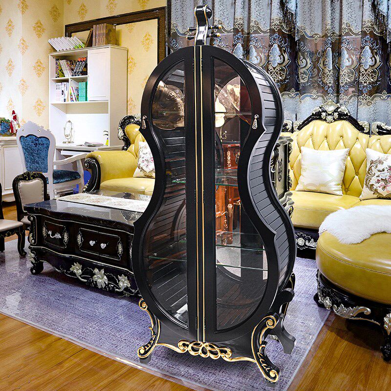 热销小提琴酒柜实木雕花玻璃双门客厅展示柜家用欧式美式轻奢摆件