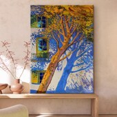 热销现代抽象手绘油画窗口梧桐树客厅装 饰画蓝色光影玄关走廊过道