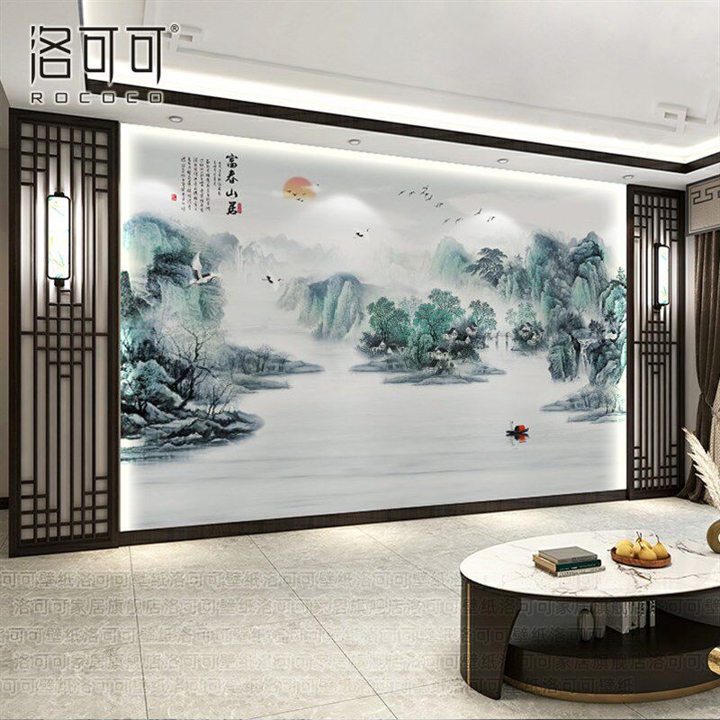 热销流水生财墙纸新中式电视背景墙壁纸客厅沙发壁布大气山水国画