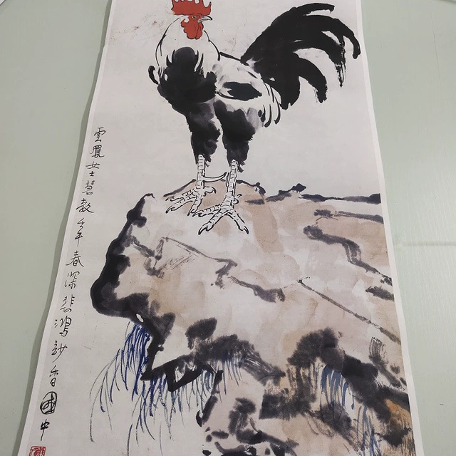 徐悲鸿国画真迹雄鸡图复古字画水墨动物写意竖幅挂轴高清复制装饰图片