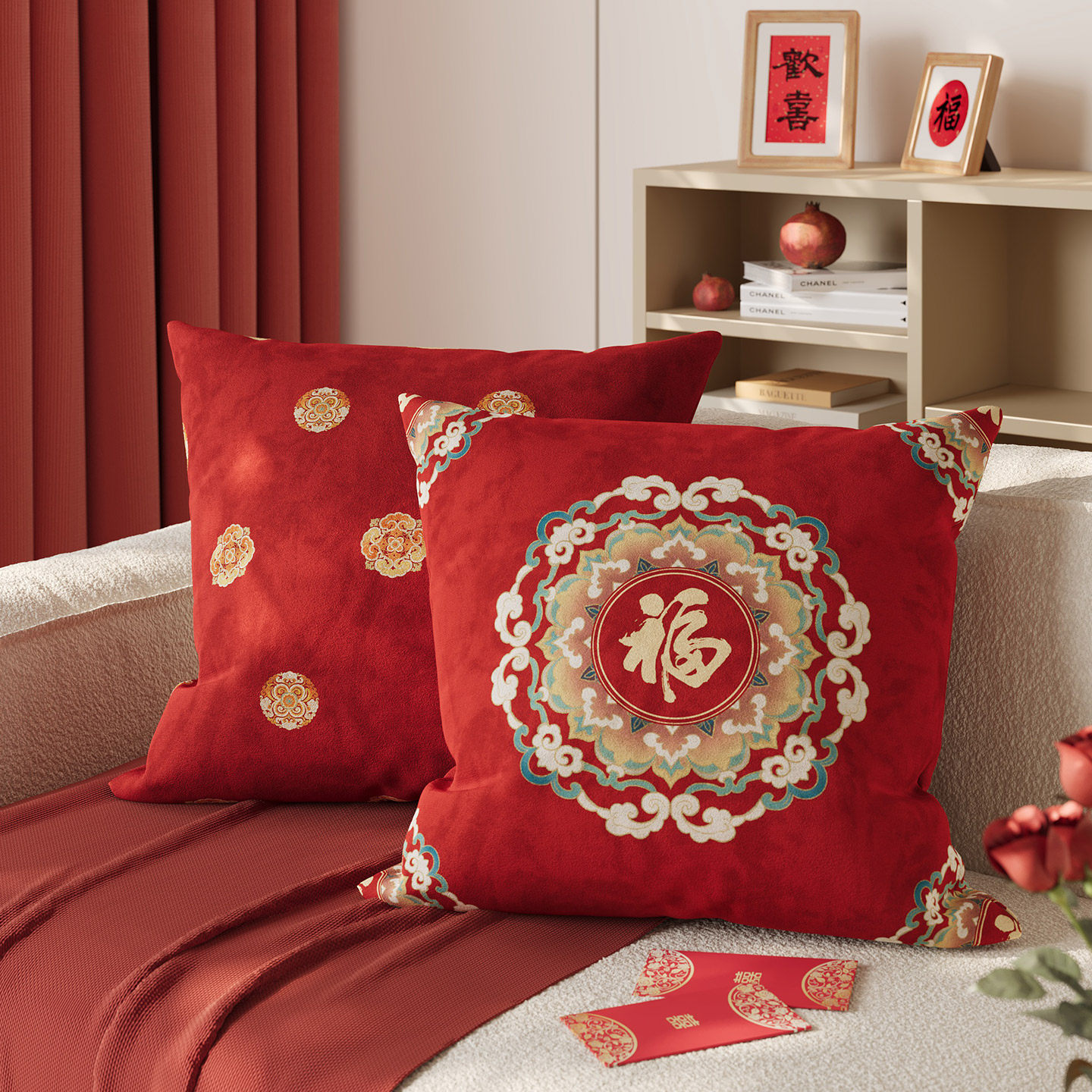 喜庆红色沙发抱枕客厅靠枕福字卧室床头靠背垫高级感靠垫新年腰枕,居家布艺,靠垫/抱枕,淘宝优惠券,粉丝福利购,淘宝优惠卷