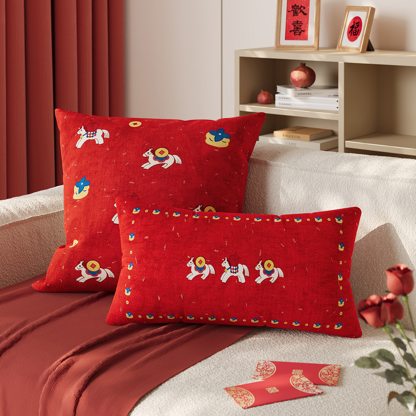 马年红色抱枕客厅沙发靠背垫含芯新年装饰卧室床上靠枕靠垫可拆洗,居家布艺,靠垫/抱枕,淘宝优惠券,粉丝福利购,淘宝优惠卷