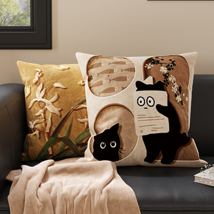 中古风猫咪沙发靠枕抱枕客厅含芯靠背垫卧室床头飘窗靠垫靠枕套