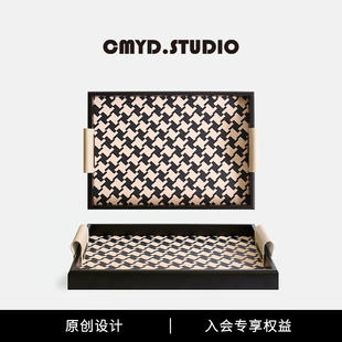 复古千鸟格香薰托盘玄关茶几首饰收纳盘装 CMYD原创法式 饰送礼摆件