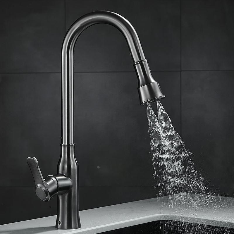 德国枪灰色厨房水龙头抽拉式冷热抽拉菜盆洗碗池水槽旋转全铜防溅