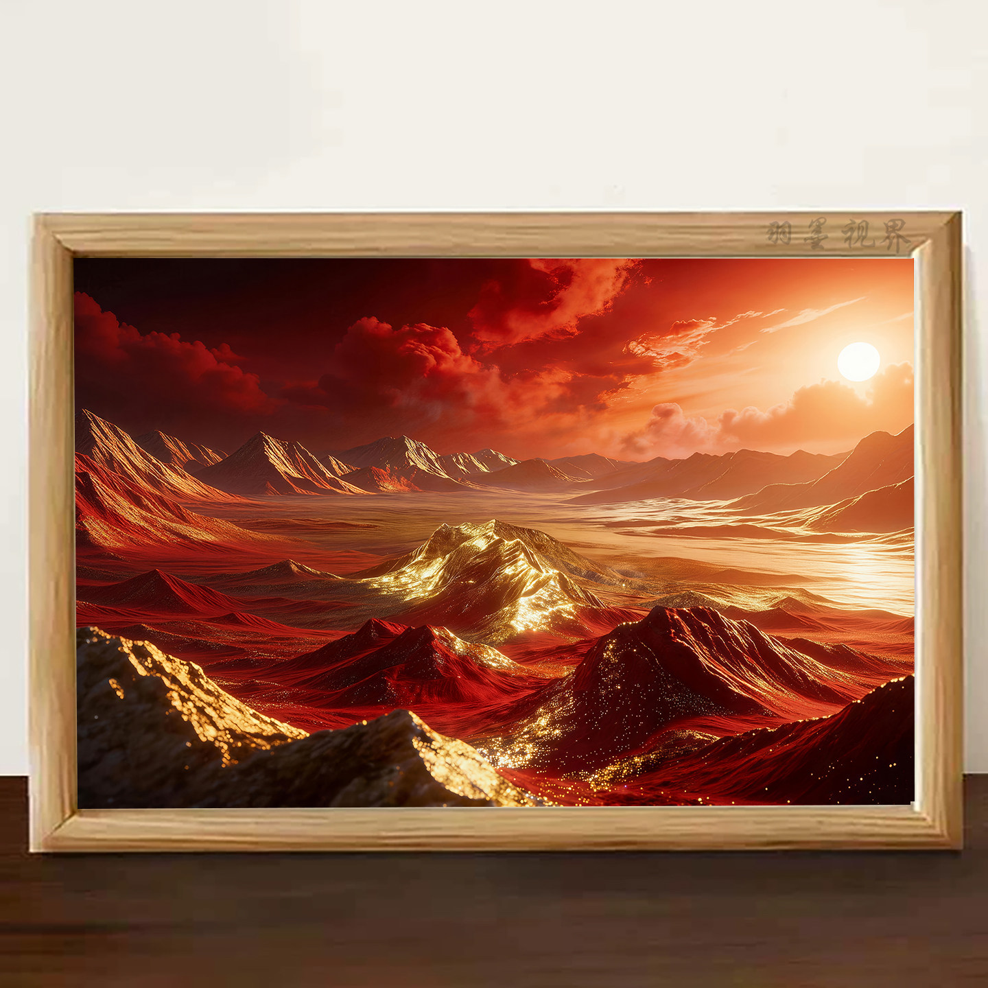 唯美鸿运当头红金山脉风景插画桌面装饰摆件礼物相框