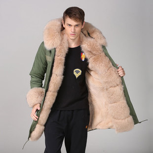 2020狐狸毛领内胆皮草军大衣中长款 军绿色青年加厚防寒棉衣外套男