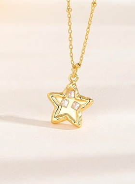 镶钻锤纹星星S925纯银五角星项链