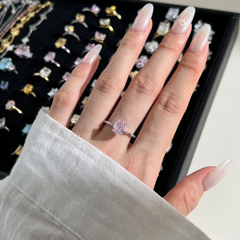 仿钻石克拉钻S925纯银戒指女椭圆形8A冰花切锆石镶嵌精致手饰10-1