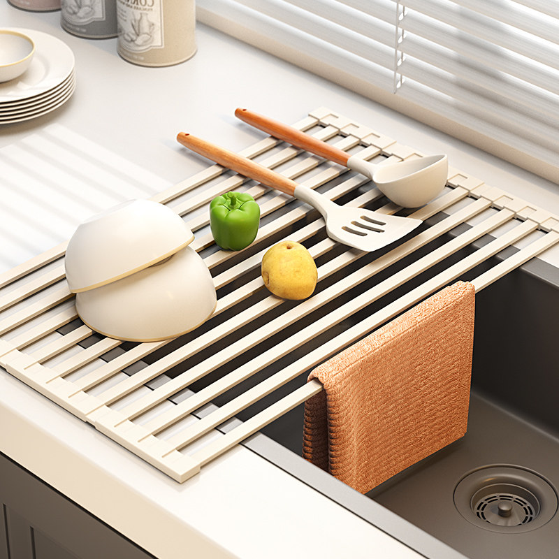 304不锈钢厨房沥水架可折叠水槽沥水篮水槽置物架卷帘硅胶沥水垫