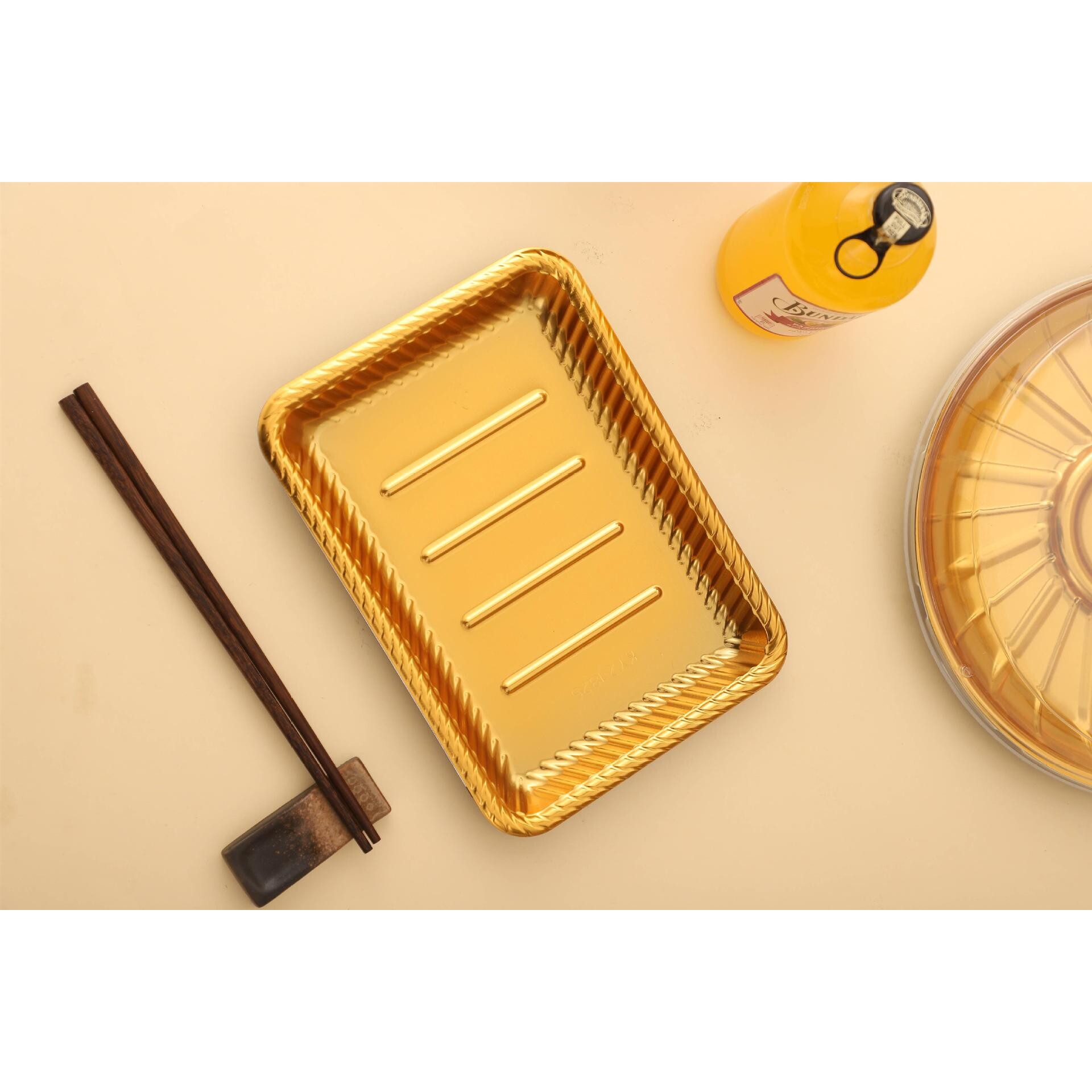 一次性金色托盘长方形寿司盘肥牛烤肉盘水果盘外卖塑料带盖打新品