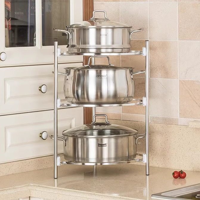厨房锅架多层放锅的架子家用多功能三角收纳架置圆形不锈钢置物架