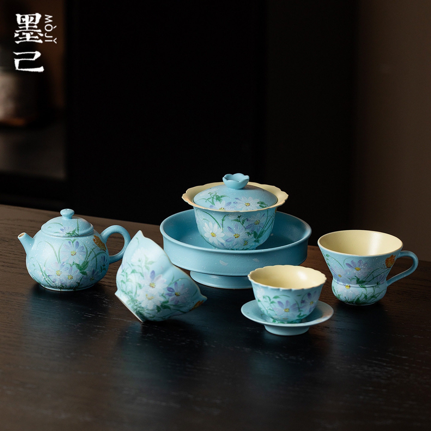 墨己束刻湖蓝花涧茶具合集功夫茶具家用茶壶盖碗主人杯茶杯壶承