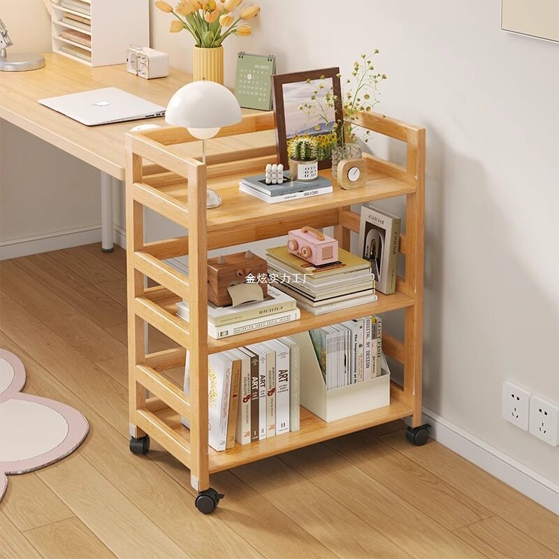 多层小推车移动实木收纳架矮书柜带轮书全桌旁书架置物架落地家用