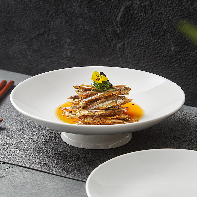盘子菜盘家用高脚深盘陶瓷圆盘酒店餐具特色私房菜冷菜盘白色摆盘
