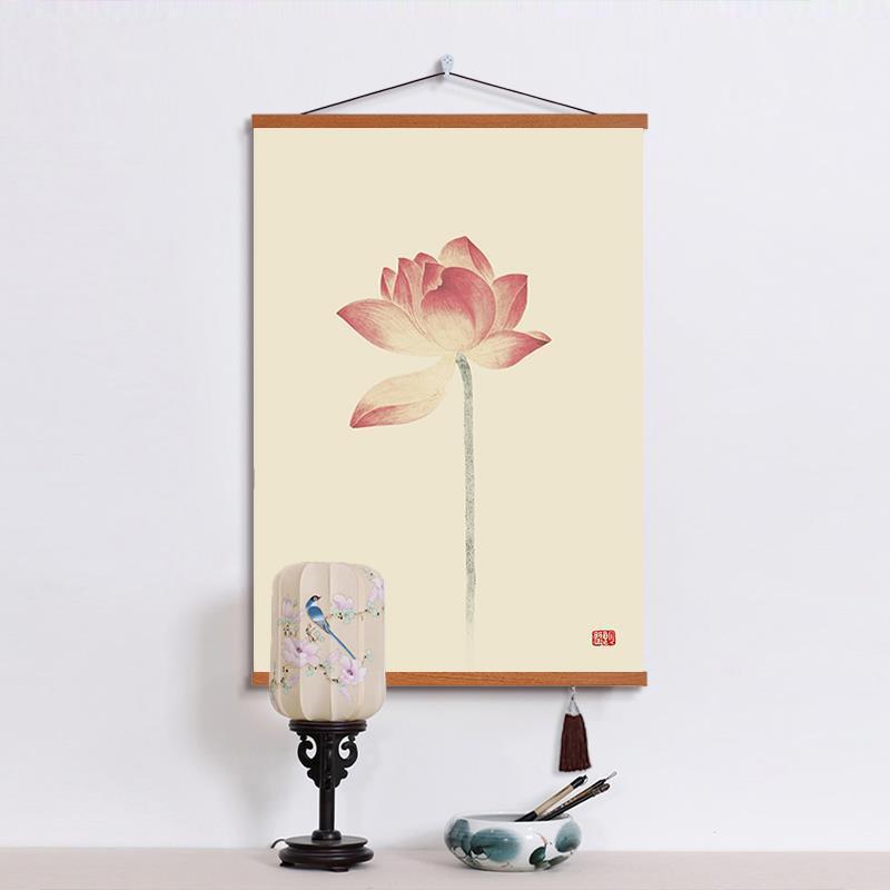 中式荷花艺术办公室装饰画书房挂画布艺房间壁画免打孔挂布背景布图片