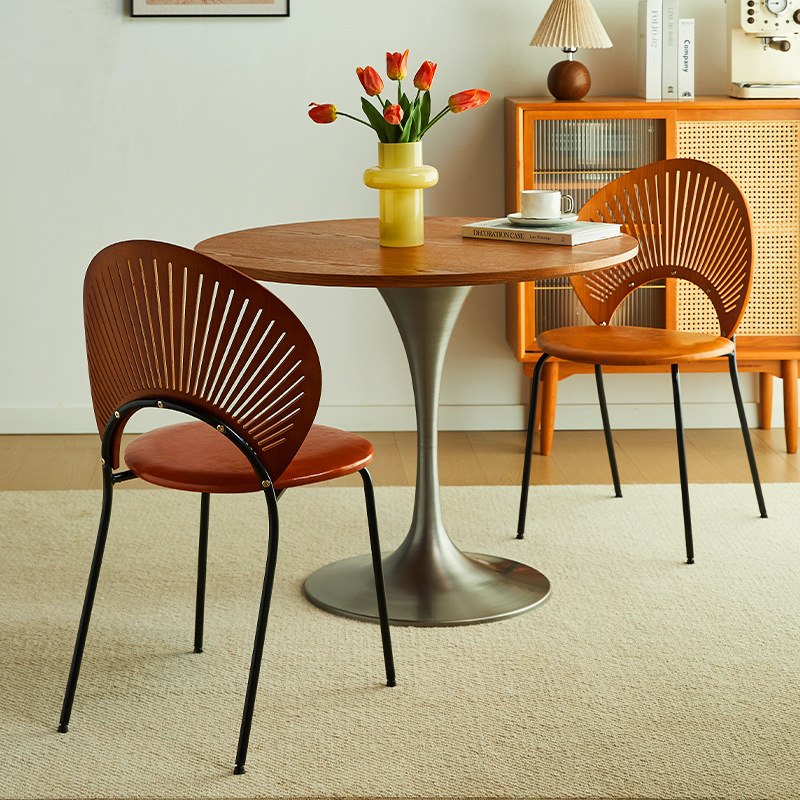 法式实木贝壳椅家用加厚餐桌椅简约实木椅子轻奢休闲椅中古J*