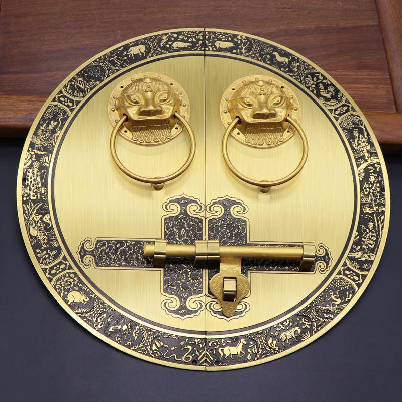 纯铜拉手仿古大门兽头门环中式木门狮子头把手明装搭扣锁圆形门栓