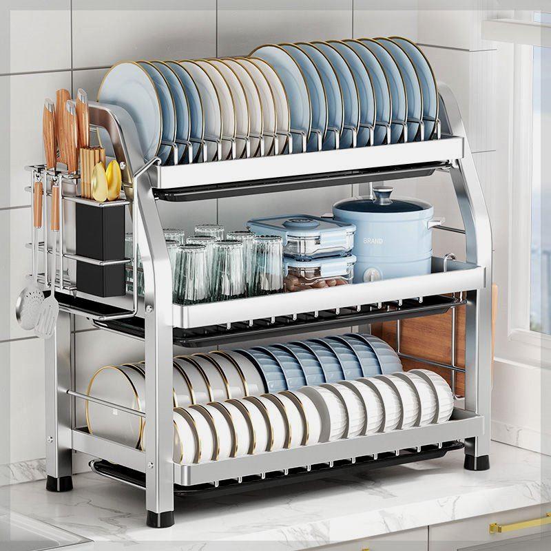 家用新款不锈钢厨房置物架台面双层置碗碟筷带沥水盘多功能收纳架