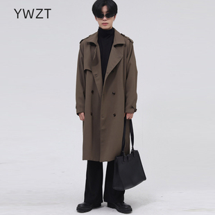 YWZT日系复古风衣男中长款双排扣宽松通勤外套秋季百搭潮