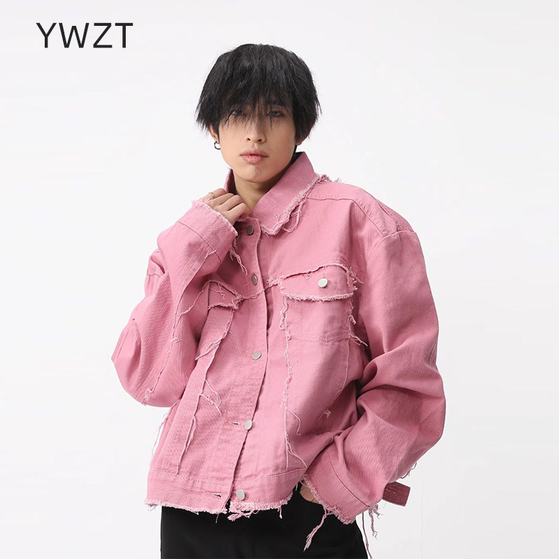YWZT潮流粉色牛仔外套男女宽牛仔外套