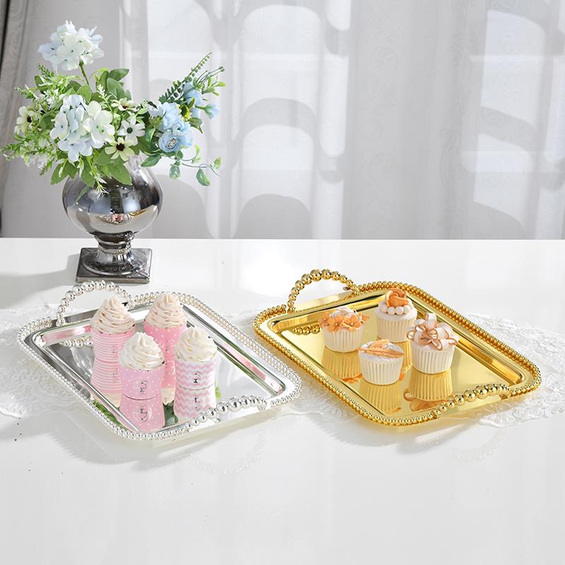 包邮欧式金属镀银珠点方形圆形托 托盘水果盘蛋糕盘烘焙KTV婚庆用
