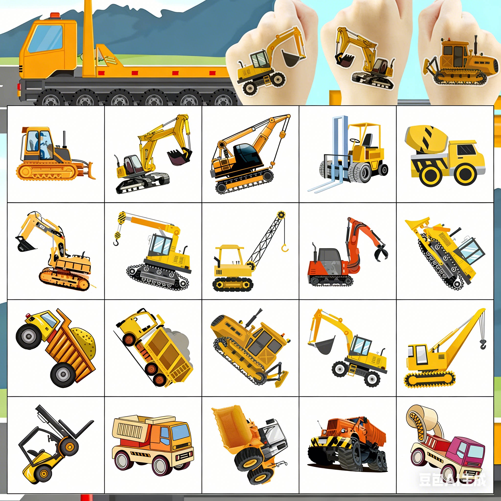 男孩工程车挖掘机纹身贴儿童卡通贴纸搅拌挖土机汽车交通水印贴画