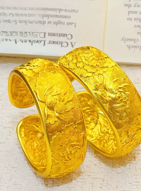 金店同款牡丹花古法传承沙金手镯素圈轮胎女仿真黄金镯子首饰结婚