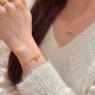 丝带蝴蝶结沙金手链黄金色周家同款久不掉色轻奢仿金项链婚嫁三金