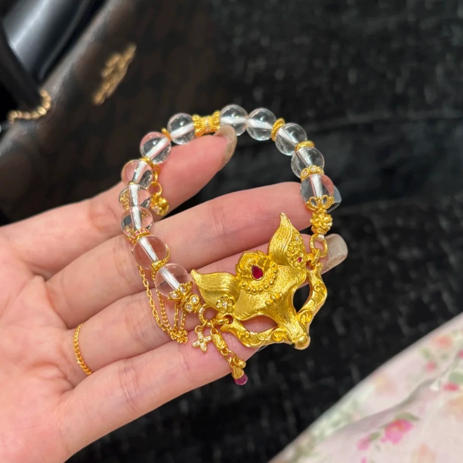 澜焰狐面手链仿真黄金沙金色狐狸面具项链新中式水晶手串轻奢饰品