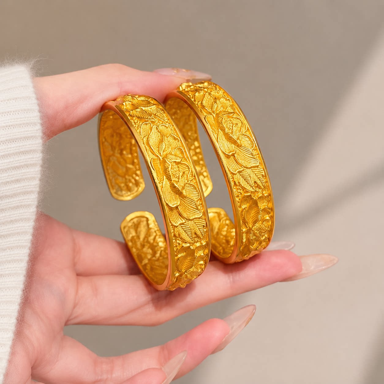 牡丹花手镯仿真黄金结婚饰品沙金手环女士复古花朵新中式宽面镯子
