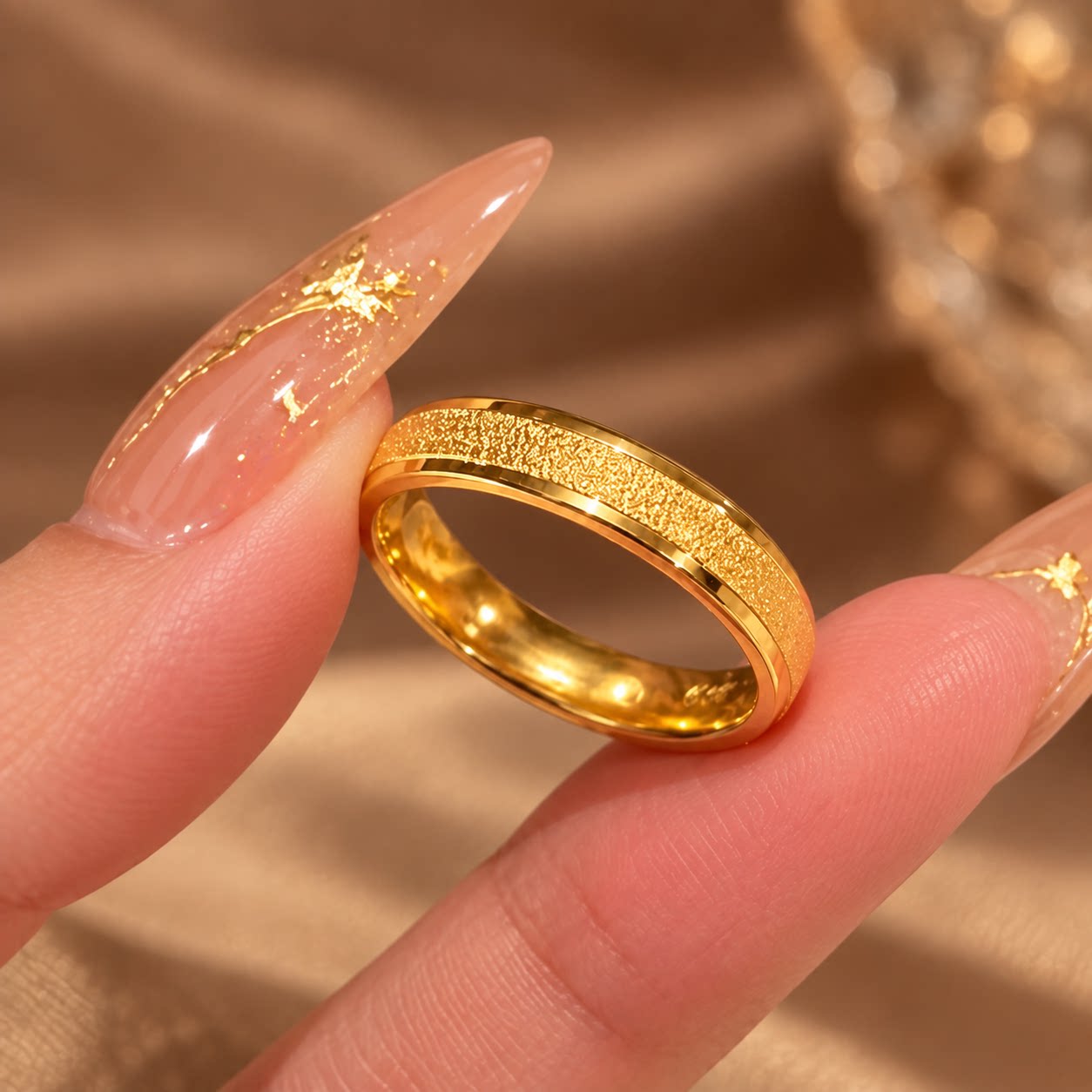 满天星磨砂沙金戒指古法素圈泥鳅背仿黄金色指环情侣对戒婚庆首饰