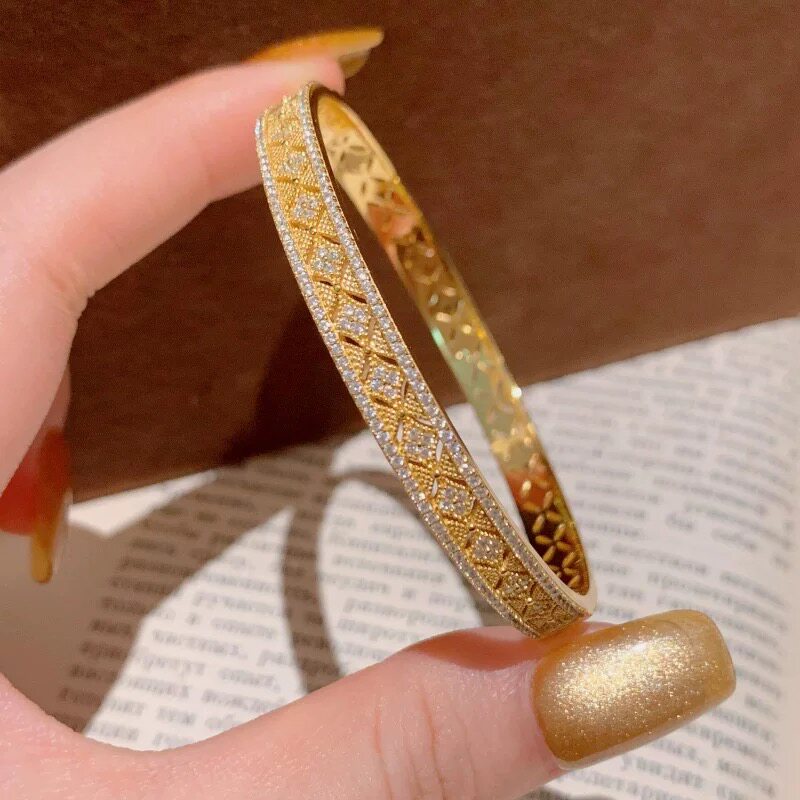 沙金花窗满钻菱形手镯女黄金色蕾丝手环不掉色金店同款轻奢高级感