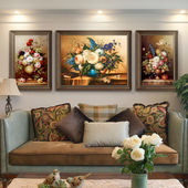 热销花开富贵牡丹花卉美式 饰画高端油画三联 挂画客厅沙发背景墙装