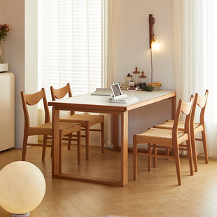 丸子物语岩板餐桌实木家用日式 饭桌椅小户型长方形客厅樱桃木餐桌