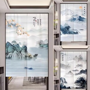 中式门帘卧室家用山水画遮挡帘免打孔厨房半挂帘书房卫生间隔断帘