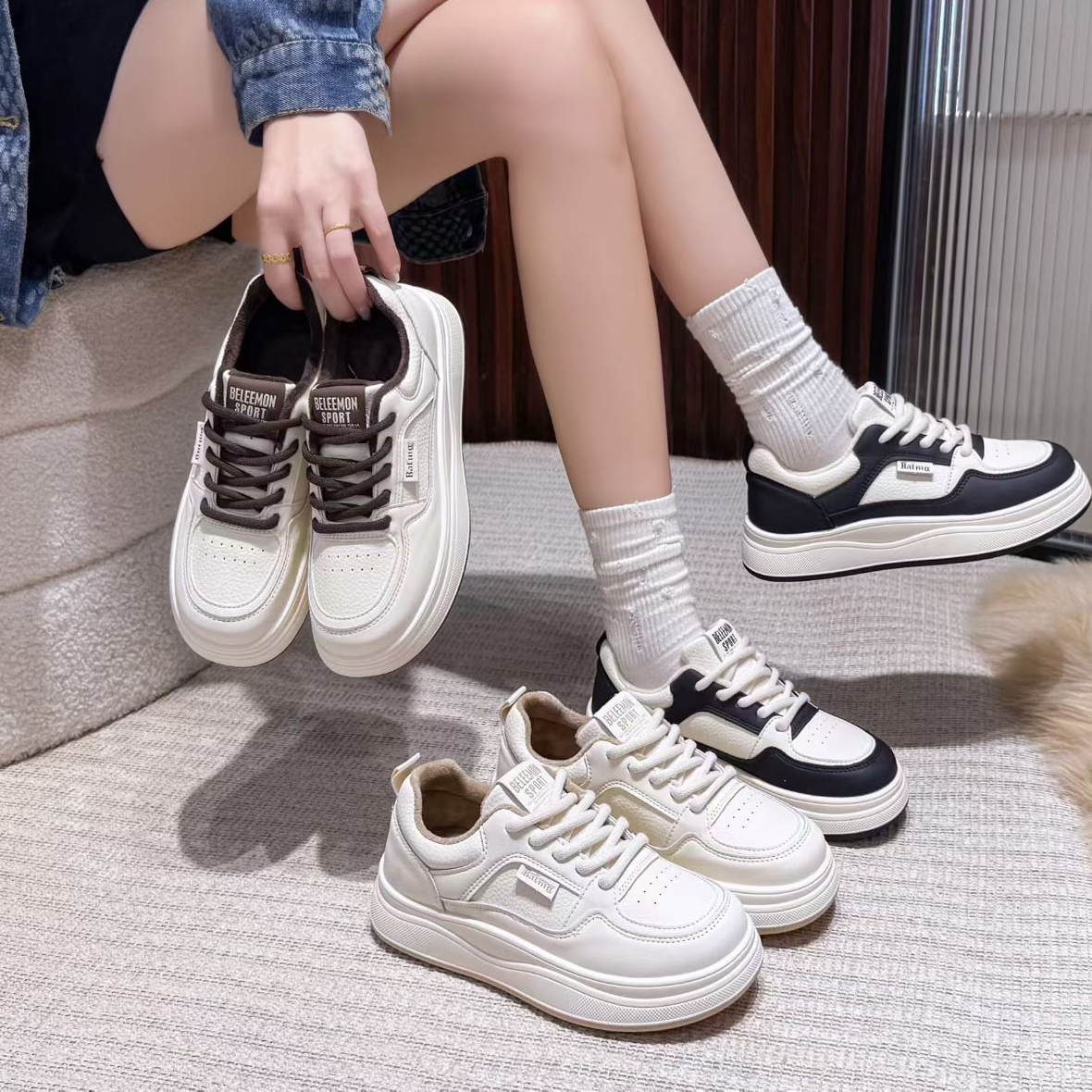 【维也娜老赵专享】LL39-1秋冬新款真皮加绒保暖厚底百搭休闲鞋