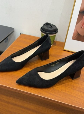 AAL11031新款简洁百搭尖头粗跟单鞋