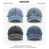 美式 复古纯色水洗牛仔破洞棒球帽女显脸小百搭鸭舌帽子男大头围潮