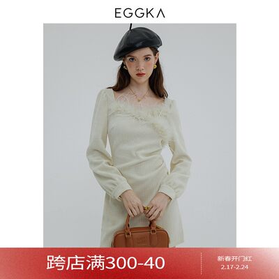 EGGKA 圆领收腰显瘦连衣裙春秋可爱温柔气质甜美高腰长袖A字短裙